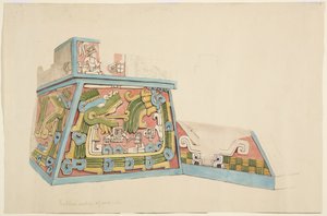 Gemälde eines Steinreliefs aus Xochicalco, Mexiko, Nordende der Westseite der unteren Terrasse von Adela Breton
