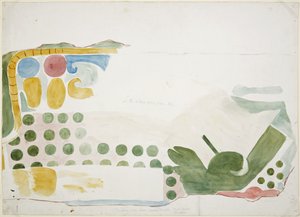 Gemälde eines Teils eines Wandgemäldes, das eine Szene eines Menschenopfers über der Tür der Innenkammer darstellt, Oberer Tempel der Jaguare, Oberer Tempel Ballspielplatz, Chichen Itza, Mexiko von Adela Breton