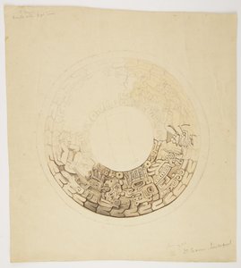 Topfabdeckung aus Belize (ehemals Britisch-Honduras). Kreisförmiges Design, teilweise fehlend, zeigt ein Design mit Figuren von Männern, Glyphen usw. von Adela Breton