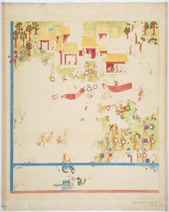 Viertelmaßstab Kopie eines Gemäldes vom südlichen Endpaneel, Ostwand, innere Kammer, Oberer Tempel der Jaguare, Großer Ballspielplatz, Chichen Itza, Mexiko von Adela Breton