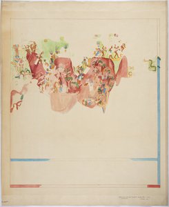 Viertelmaßstab-Kopie eines Wandgemäldes vom Nordende der Ostwand, innere Kammer, Oberer Tempel der Jaguare, Großer Ballspielplatz, Chichen Itza, Mexiko von Adela Breton