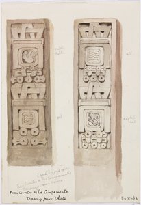 Zwei Säulen, beide mit Steinreliefs, Cerritos de los Campamentos, Tenago, in der Nähe von Toluca, Mexiko