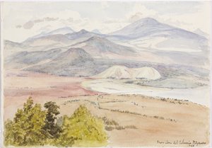 Blick vom Cerro del Calvario, Patzcuaxo auf einer Seite des Papiers und auf der anderen Seite ein Blick auf die alte Festung und Steinhügel, Iguatcho vom Cerro del Calvario, Patzcuaro, Michoacan, Mexiko von Adela Breton