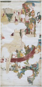 Aquarell auf Leinenpapier, Abzeichnung eines Wandgemäldes aus einem Gewölbe in einer großen Kammer in Casa de Monjas, Chichen Itza, Mexiko