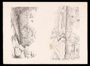 Dorf des Stang-Stammes, Sarawak, Borneo; und eine Brücke aus Stangen über einen Fluss aus dem Westindien-, Nordamerika- und Borneo-Sammelalbum, ca. 1845