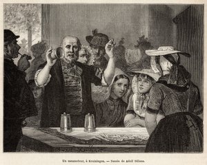Ein Schausteller in einem Gasthaus in Kruiningen führt seine Nummer vor aufmerksamen Zuschauern auf, graviert nach der Zeichnung von Adolf Dillens, illustriert eine Reise nach Zeeland (Niederlande), 1873, von Charles de Coster, veröffentlicht in „Le tour d