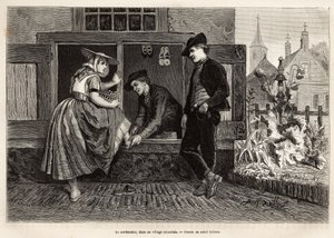 Ein Schuhmacher in einem zeeländischen Dorf, lässt eine junge Frau einen Schuh anprobieren, begleitet von einem jungen Mann, graviert nach der Zeichnung von Adolf Dillens, zur Illustration einer Reise nach Zeeland (Niederlande), veröffentlicht in „Le tour 
