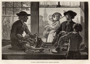 Ein Schneider und sein Lehrling, die am Fenster arbeiten, um das Licht und das Schauspiel der Passanten auf der Straße zu genießen, in Rilland (Süd-Beveland), Gravur nach der Zeichnung von Adolf Dillens, zur Illustration einer Reise nach Zeeland (Niederla