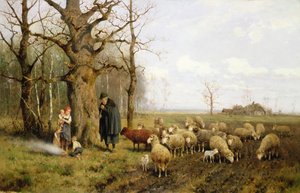Kinder mit einem Schäfer und Schafen in einer Landschaft von Adolf Ernst Meissner