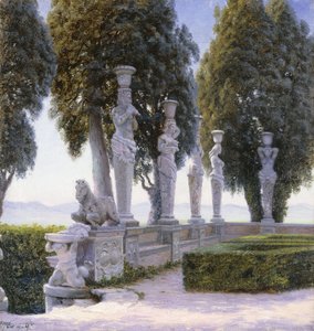 Platz mit Karyatiden im Park der Villa Farnese, Caprarola von Adolf Heinrich Hansen