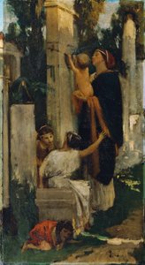 Antike Friedhofsszene (Frau mit Kindern eine Grabstelle schmückend) von Adolf Hiremy Hirschl