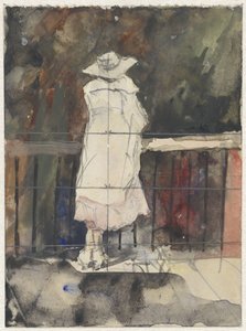 Stehende Frau vor einer Balustrade, von hinten gesehen von Adolf le Comte
