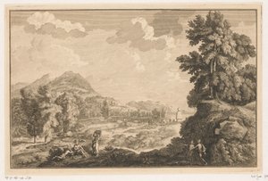 Arkadische Flusslandschaft mit Hirten und Frau mit einem Wäschekorb