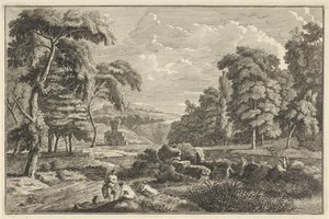 Arkadische Flusslandschaft mit fünf badenden Frauen und einem Hirsch von Adolf van der Laan