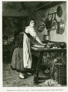 Nudelzubereitung. Gravur von Hildibrand zur Illustration der Geschichte A Travers l