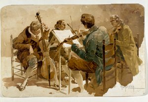 Vier Musiker Drei Geiger und ein Cellist. Plakat von Adolfo Hohenstein (1854-1928) Dim. 293x454 cm Private Sammlung