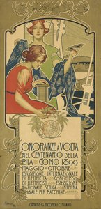 Plakat zur Werbung für die Ausstellung von Elektroprodukten zu Ehren des 100. Geburtstags von Alessandro Volta