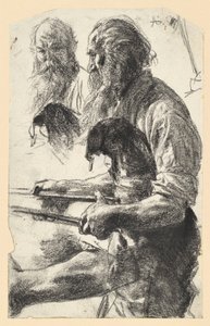 Alter Eisenarbeiter mit Schurzfell und Zange in der Hand. Studie zum "Eisenwalzwerk. Moderne Cyklopen" von Adolph Menzel