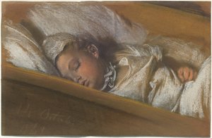 Ein schlafendes Kleinkind in seiner Wiege von Adolph Menzel