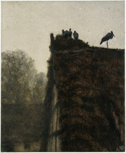 Das Storchennest auf dem Strohdach. Aus dem "Kinderalbum" von Adolph Menzel