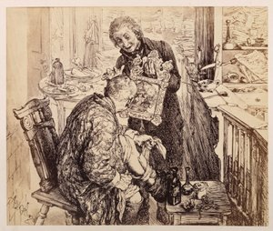 Der Schreiber Licht findet Dorfrichter Adam beim Verbinden des Beines. Adam betrachtet im Spiegel, den ihm Licht vorhält, sein zerschundenes Gesicht, zu Heinrich von Kleist "Der zerbrochene Krug" von Adolph Menzel
