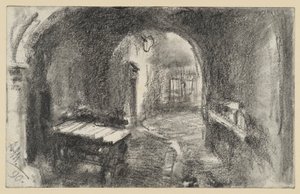 Dunkler gewölbter Durchgang, vorn ein Handwagen von Adolph Menzel