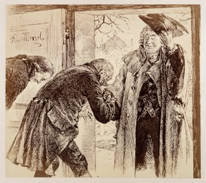 Gerichtsrat Walter tritt, freundlich den Hut lüftend, von rechts zur Tür herein, von Adam und Licht untertänig begrüßt, zu Heinrich von Kleist "Der zerbrochene Krug"