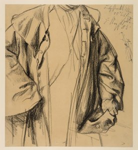 Heinrich von Kleist, Der zerbrochene Krug: Modellstudie eines Offiziers im Mantel, Kopf nicht dargestellt, Halbfigur mit Hut in der Linken und Stock in der Rechten von Adolph Menzel