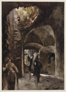 In der Ruine, ein Herr und eine Dame stehen auf einem Treppenabsatz und blicken zu einem großen Loch im Gewölbe empor