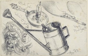 Kerzenleuchter aus der Galerie in Dresden, Gerät aus Elfenbein (Schuhlöffel) und Maske aus dem Kunstgewerbemuseum Berlin sowie Gießkanne von Adolph Menzel