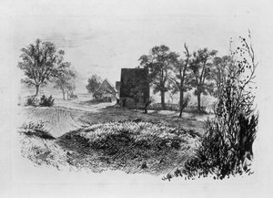Landschaft mit drei Hütten von Adolph Menzel