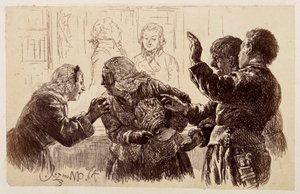 Marthe mit den Krugscherben im Arm, steht zwischen Veit und Ruprecht und Eve fleht die Mutter an, von der Klage abzusehen, zu Heinrich von Kleist "Der zerbrochene Krug" von Adolph Menzel