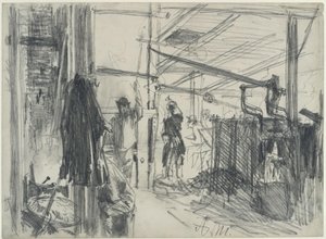 Maschinenraum im Walzwerk. Studie zum "Eisenwalzwerk. Moderne Cyklopen" von Adolph Menzel