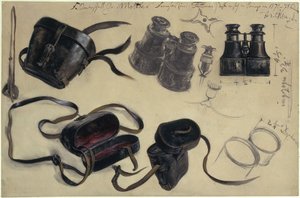 Studie nach dem Fernglas des Feldmarschalls Graf von Moltke, Futteral und Details, mit Notizen von Adolph Menzel