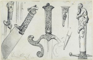 Weidmesser vom Ende des 16. Jh., Jagdschwert aus der 1. Hälfte des 17. Jh. sowie der "Permoser"-Hirschfänger vom Anfang des 18. Jh., Historisches Museum, Dresden von Adolph Menzel