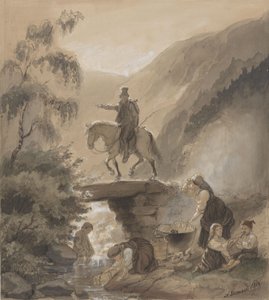 Reiter, Frauen und Kinder am Bach von Adolph Tidemand