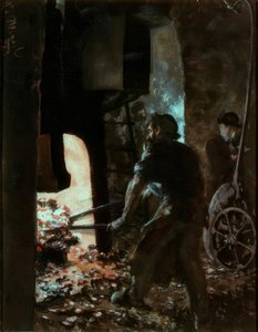 Selbstbildnis mit Arbeiter am Dampfhammer von Adolph Menzel