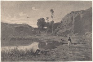 Ein Reiter an einem Bergteich bei Sonnenuntergang