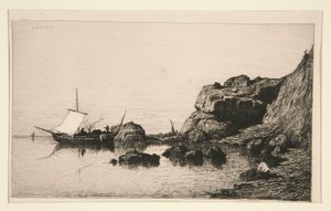 Fischerboot macht Halt an den Felsen von Collioure (Pyrenäen-Orientales)