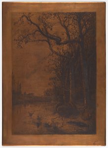 Radierte Kupferplatte "Landschaft mit Enten" von Adolphe Appian von Adolphe Appian