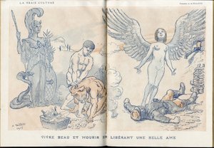 Illustration von Adolphe dit Willette (1857-1926) in „Fantasio“, 01/05/15 - Schön leben und sterben, indem man eine schöne Seele freigibt - Krieg von 14-18, Tote Leichen, Barbarei/Kultur, Marmelade aus Schädeln - Soldaten von Adolphe Leon Willette