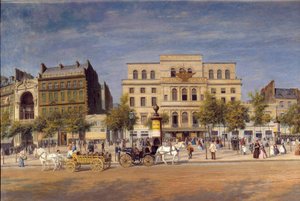 Gesamtansicht der Theater des Boulevard du Temple vor dem Durchbruch des Boulevard Prince Eugene, Detail der Pariser Kutschen vor dem Imperial Theatre. Gemälde von Adolphe Potemont von Adolphe Martial Potemont