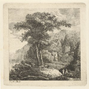 Berglandschaft mit Bäumen, Schloss und zwei Figuren von Adriaan Jacob Willem van Dielen