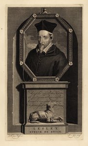 John Lesley, schottischer Historiker und Bischof von Ross. Eveque de Rosse. Hund mit Schlüssel. Kupferstich von Pieter Stevens van Gunst nach Adriaen van der Werff aus Isaac de Larrey’s Histoire d’Angleterre, d’Ecosse et d’Irlande, Amsterdam
