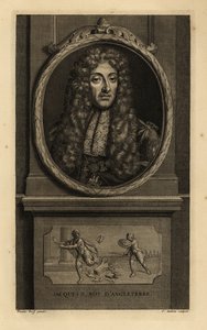 König James II. von England, James VII. von Schottland, Jacques II Roy d’Angleterre. Mit Perücke, Spitzenhalstuch, Kette mit Figur von St. Georg und dem Drachen. Vignette zeigt einen römischen Kaiser, der seine Krone an einen Soldaten verliert. Kupferstich