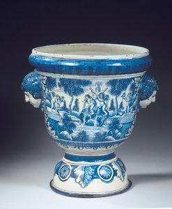 Große Delfter blau-weiße mythologische Gartenurne im Barockstil, ca. 1700