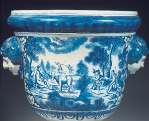 Rückseitendetail der großen Delfter blau-weißen mythologischen Gartenurne im Barockstil, ca. 1700 von Adriaen (fl.1868 d.1701) (attr.to) Kocks