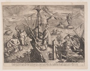 Amerigo Vespucci auf seinem Schiff, aus Americae Retectio (Die Entdeckung Amerikas) von Adriaen Collaert