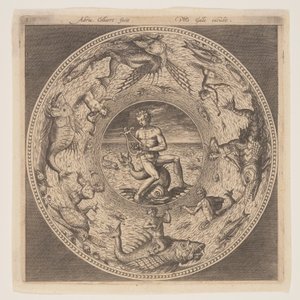 Arion auf einem Delphin umgeben von einem mit Meereskreaturen verzierten Rand, aus einem Satz von Entwürfen für Teller (Fonds de Coupe) von Adriaen Collaert