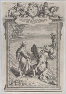 Christus ruft den heiligen Andreas, der vor ihm am Strand kniet, und den heiligen Petrus, der... von Adriaen Collaert